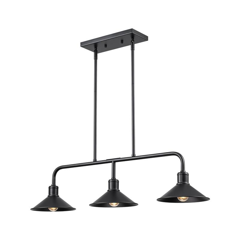 34" Modern Industrial Farmhouse Black Linear 3-Light Island Pendant Light with Cone Shades for Kitchen and Dining Room