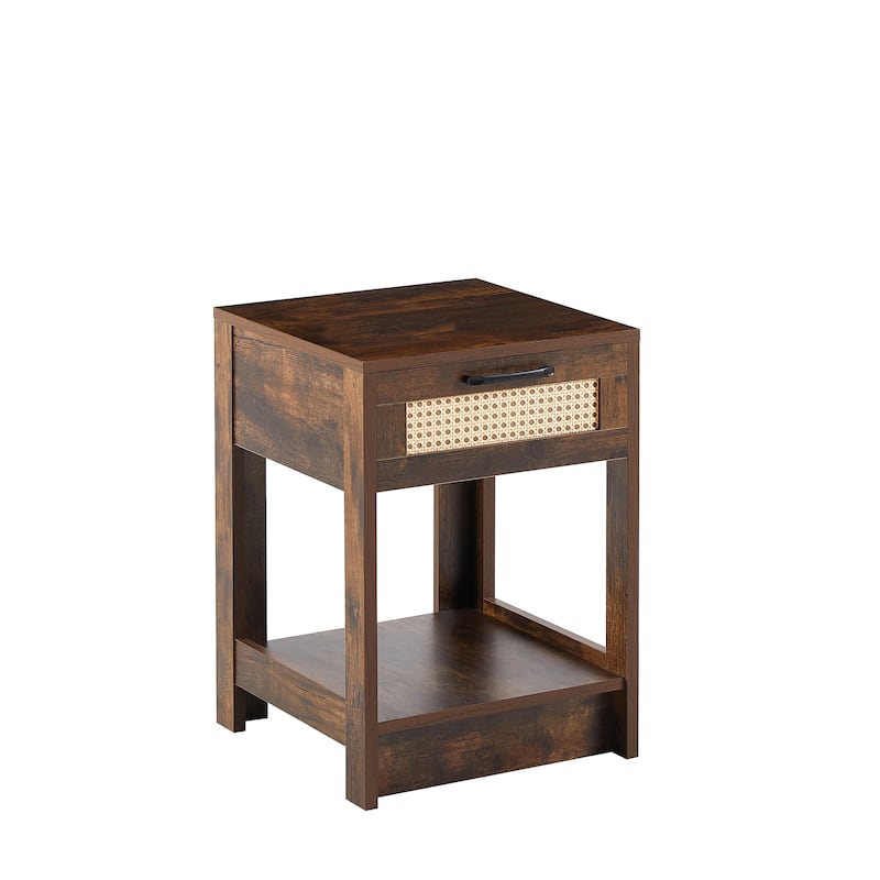 15.75" Rattan End black table with drawer, Modern nightstand, side table for living roon, bedroom,natura