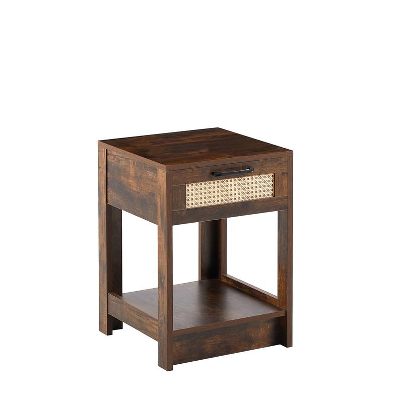 Modern Rattan Nightstand Small Side Table with Drawer for Bedroom or Living Room