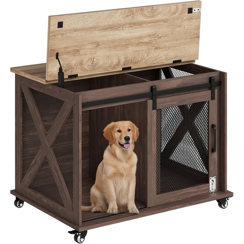Furniture Dog Crate Table with Flip Top, Sliding Door, Divider