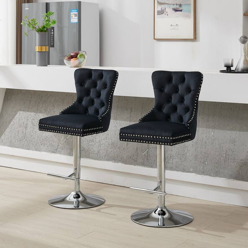 Thick Chrome Swivel Velvet Barstools,Adjustable Height,Modern Upholstered,Sponge&Spring（Set of 2) - Black