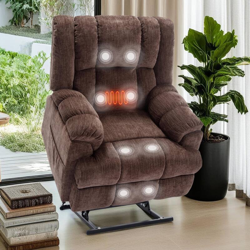 Oversized Chenille Power Lift Recliner Chair with Massage and Lumbar Heating, Infinite Position Reclining - Brown
