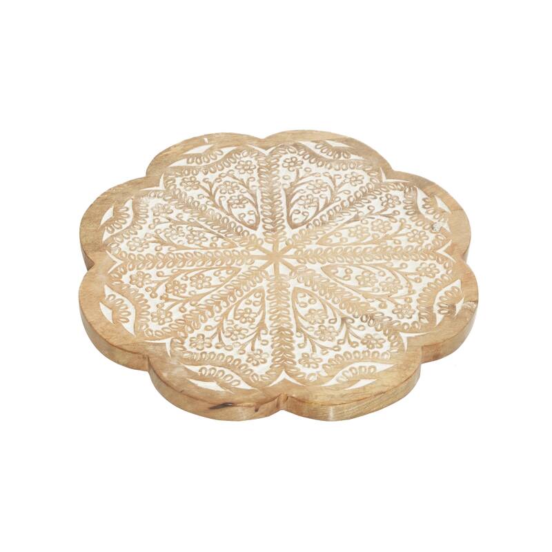 Wood Floral Intricately Carved Cake Stand - Brown - Roche River Decor - Brown