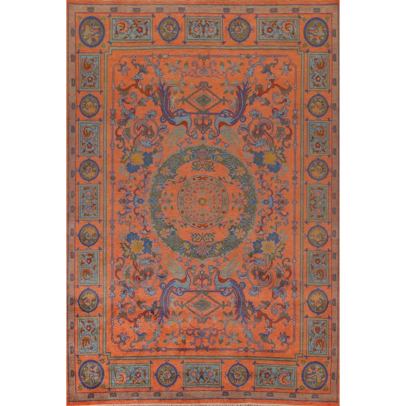 Orange Geometric Khotan Oriental Area Rug Hand-Knotted Wool Carpet - 8'10"x 11'10"