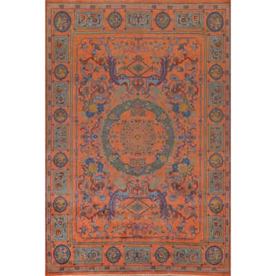 Orange Geometric Khotan Oriental Area Rug Hand-Knotted Wool Carpet - 8'10"x 11'10"