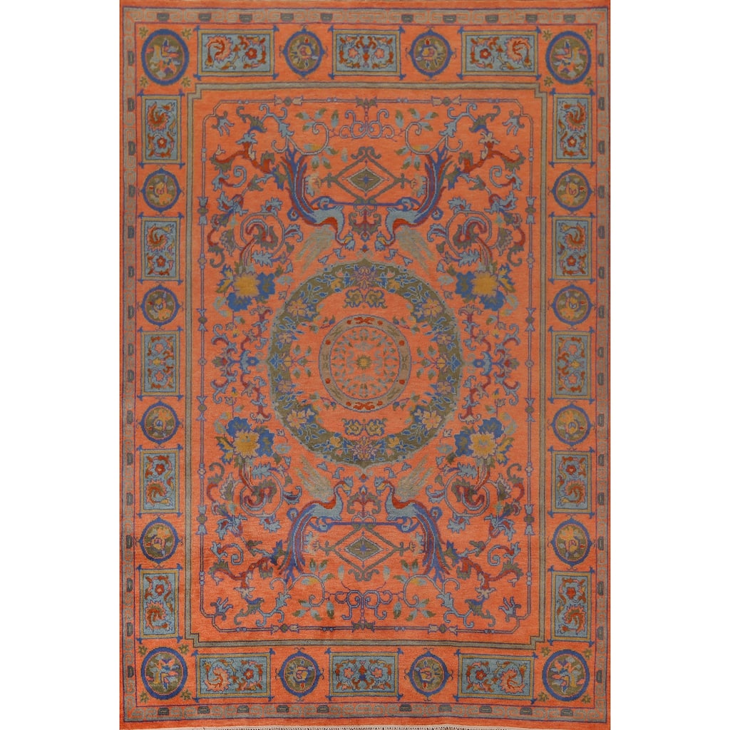 Orange Geometric Khotan Oriental Area Rug Hand-Knotted Wool Carpet - 8'10"x 11'10"