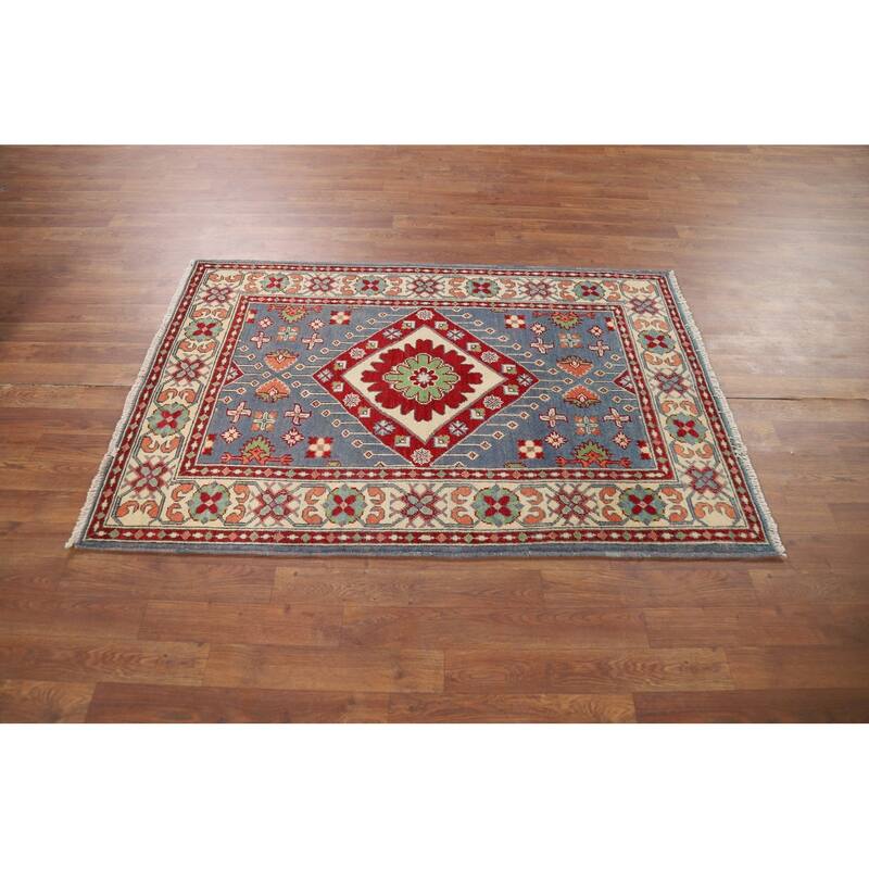 Geometric Blue Kazak Oriental Foyer Rug Hand-Knotted Wool Carpet - 3'4" x 4'11"