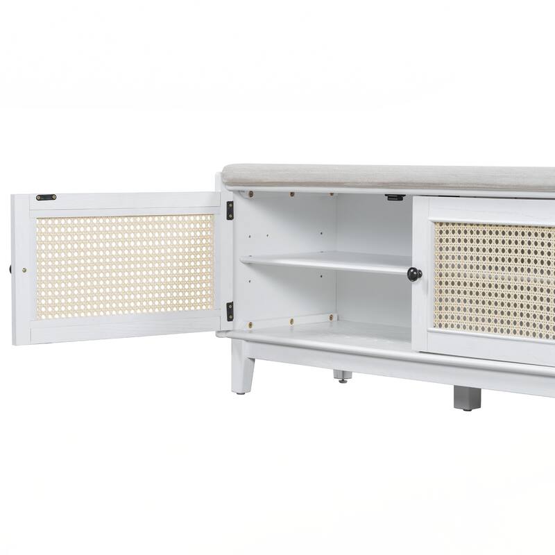 Rattan Entryway Bench with Storage, Cushioned Shoe Bench with Double Doors