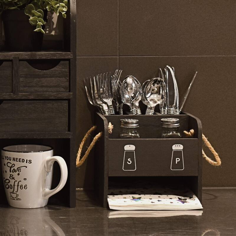 Wooden Utensil Caddy Flatware Holder with Handles - S