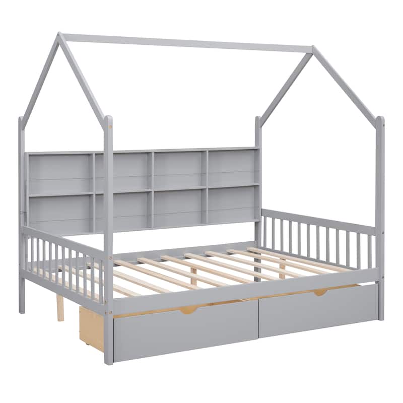 Wooden House Bed with Drawers