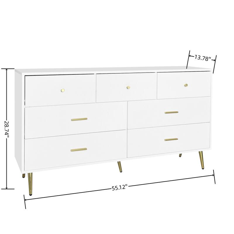 White Dresser with 7 Drawers for Bedroom, Modern Closet Storage Chest of Drawers with Golden Handle and Legs