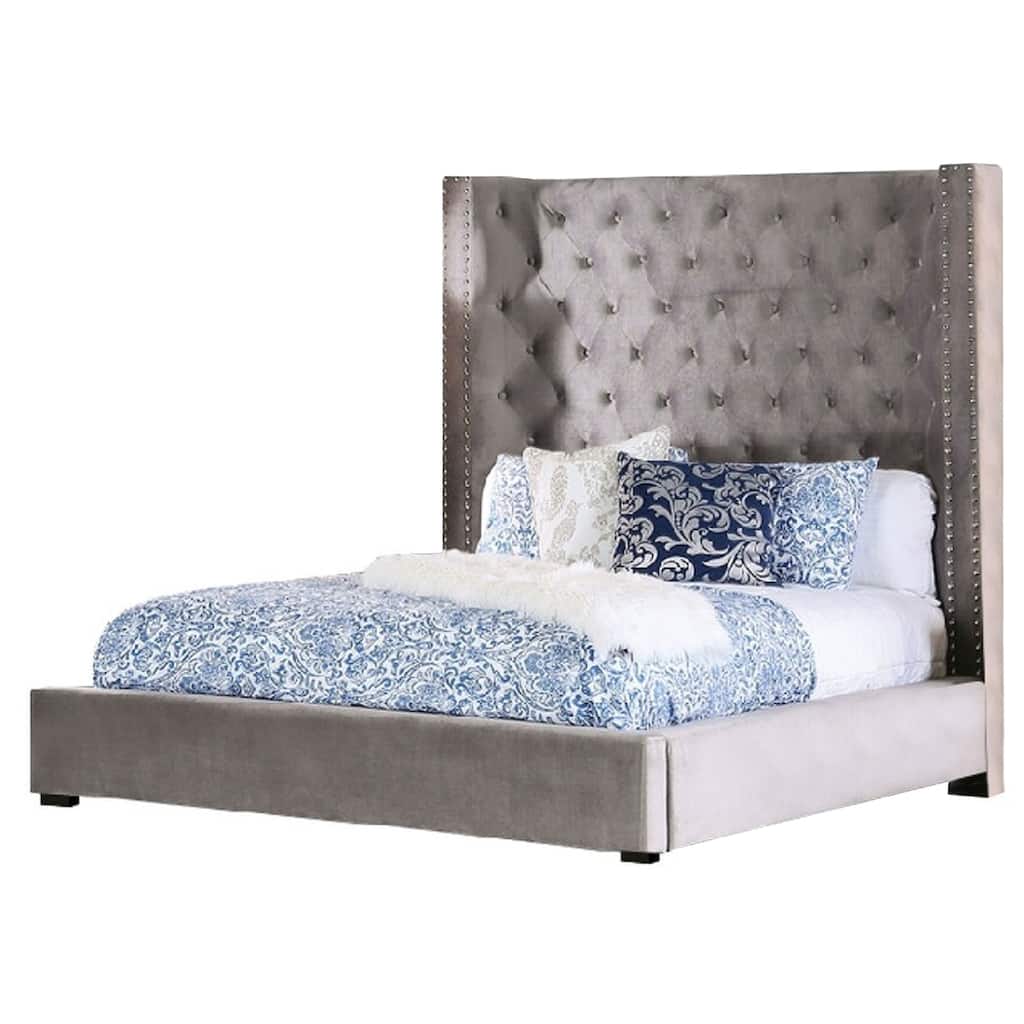 Rozy Queen Bed with Wingback Headboard, Nailhead Trim, Gray Upholstery