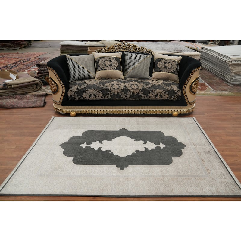 Machine Made Oriental Polyester Carpet Traditional Medallion Greys & Charcoal Tabriz Area Rug - 7' 5'' X 5' 2''