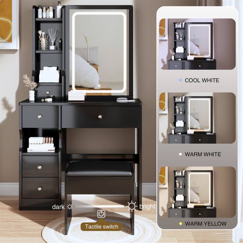 Small Space Left Drawer Desktop Vanity Table with Cushioned Stool