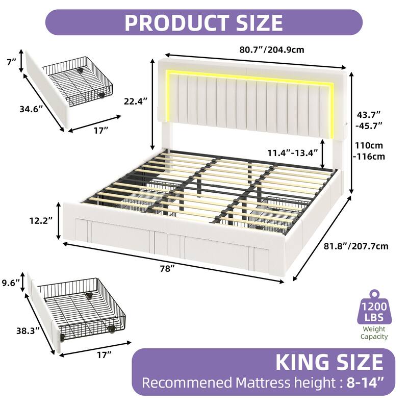 Velvet Upholstered Platform Bed Frame with Adjustable Headboard and 4 Storage Drawers & RGB LED Lights - White - King