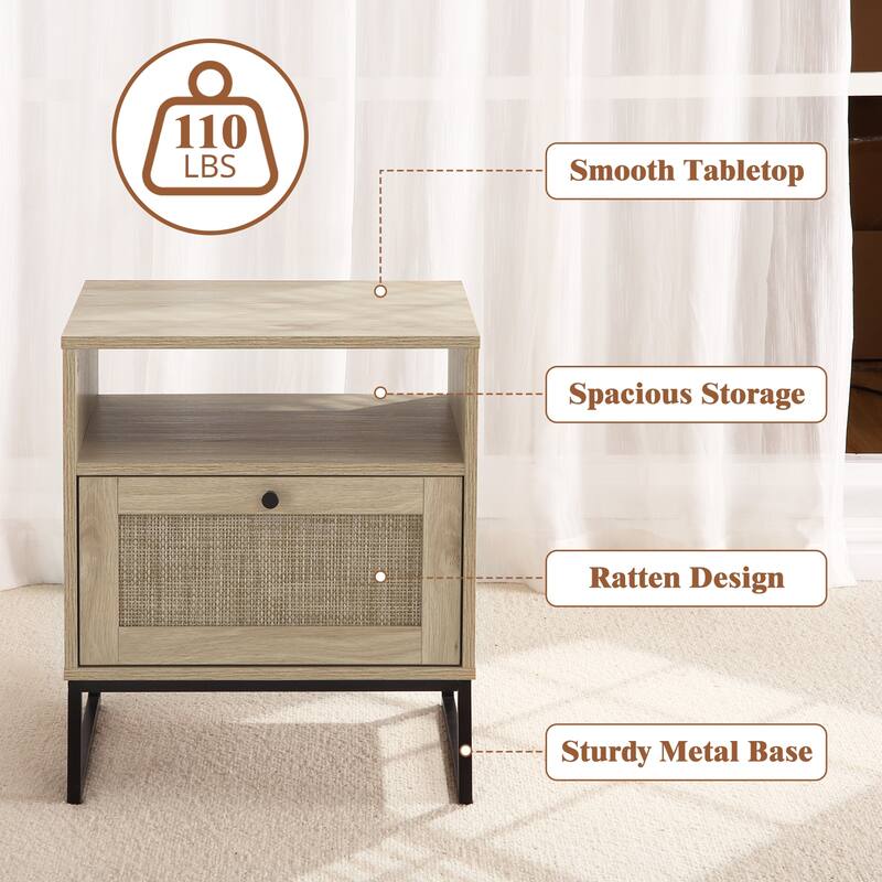Rattan Nightstand, Side Table with Storage, Modern Boho End Table On