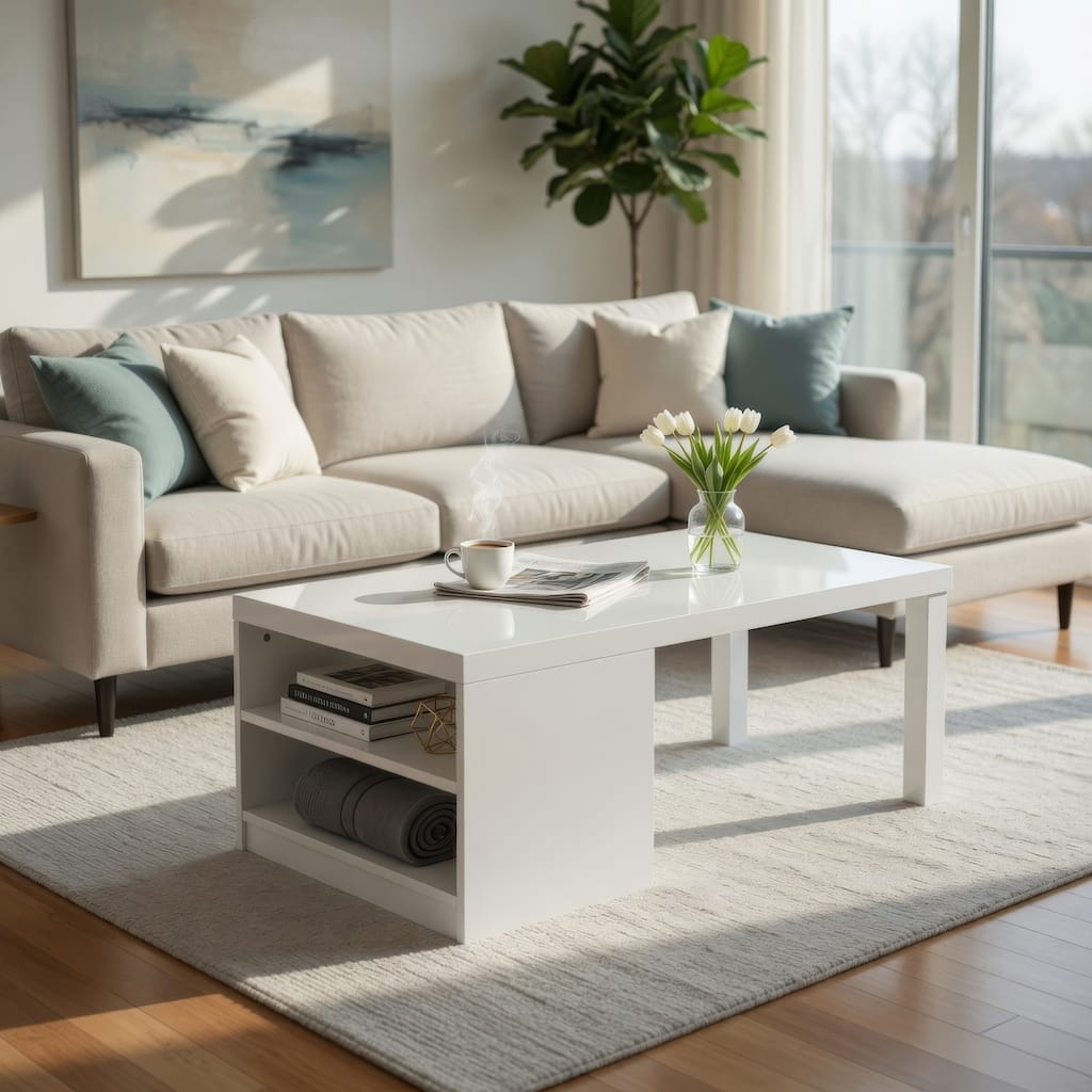 Wood and Metal Frame Coffee Table with Open Shelves, White and Chrome