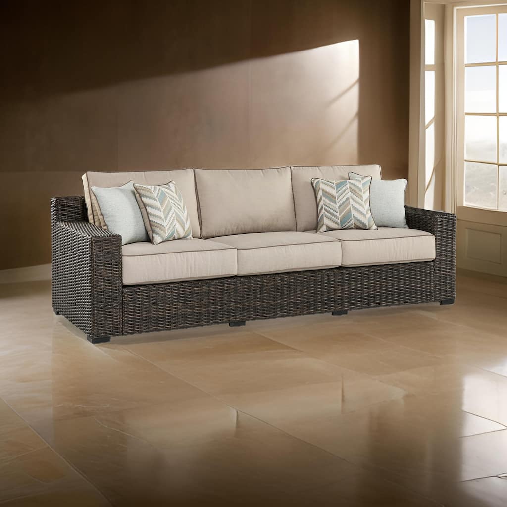 Waga 97 Inch Outdoor Sofa, 4 Throw Pillows, Brown Resin Wicker, Beige