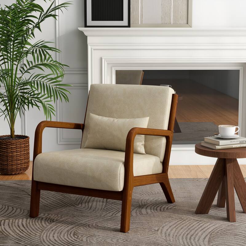 Mid-Century Modern Upholstered Accent Chair with Wood Frame - Brown Wood/PU Leather - Cream/PU/Brown Wood