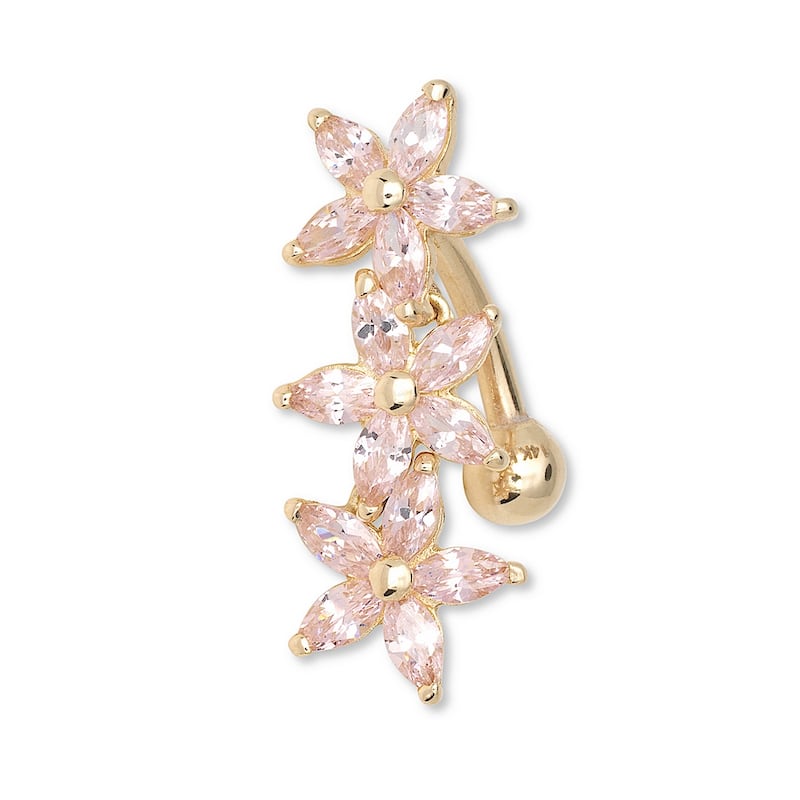 Curata Solid 14k Yellow or White Gold Pink Marquise Cubic Zirconia Flower Top Mount Belly Button Ring Dangle (7mm x 24mm)