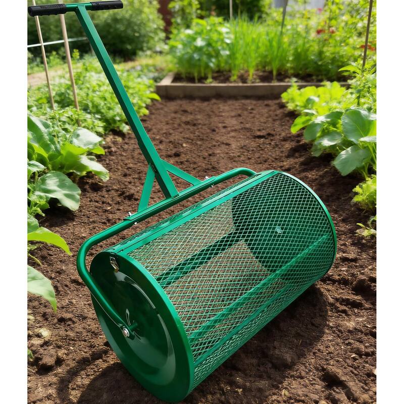 The Original 24 Inch Compost and Peat Moss Spreader Roller, Top Soil, Sand, Manure, Mulch, Top Dressing Lawn and Garden Spreader - Green