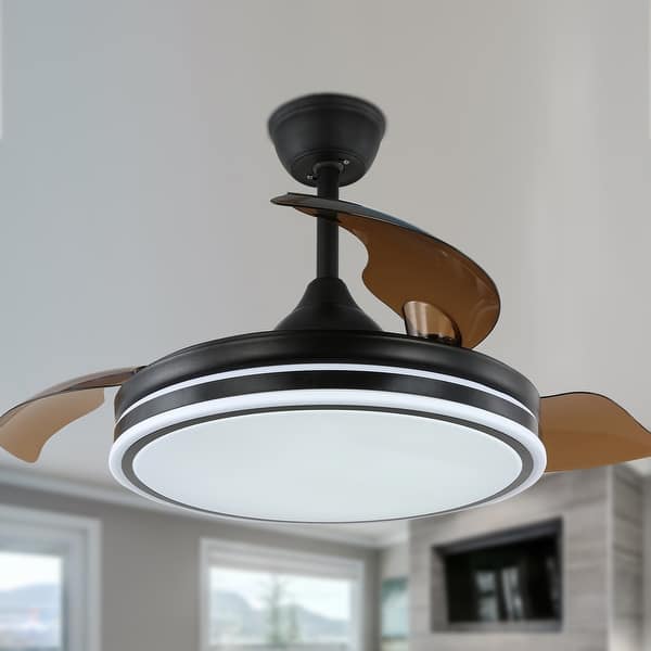 slide 2 of 41, 42" Modern Drum Ceiling Fan with Retractable Blades, LED Light Kit and Remote Control Black