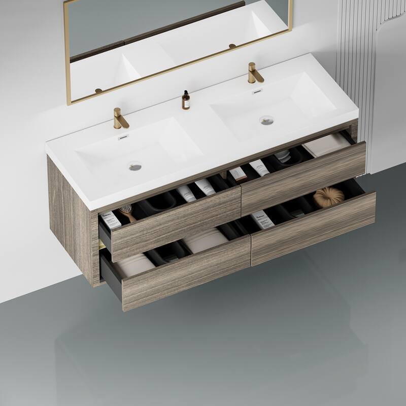 GDFStudio - Maxwell Floating Bathroom Vanity with Stone Resin Countertop & Soft-Close Drawers