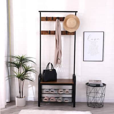4-in-1 Entryway Organizer, 9 Hooks with Shoe Bench Storage