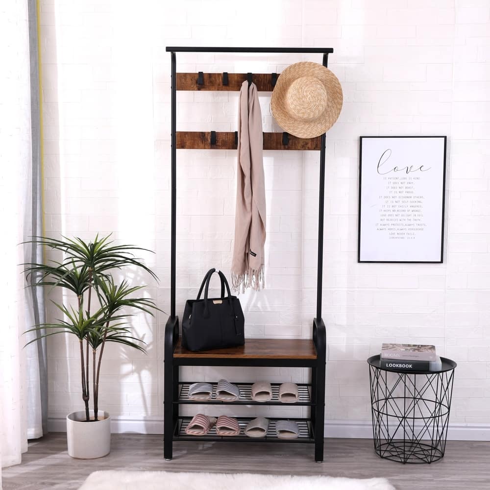 4-in-1 Entryway Organizer, 9 Hooks with Shoe Bench Storage