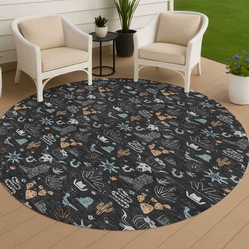 Machine Washable Indoor/ Outdoor Cowboy Ranch Chantille Rug - Black - 8' x 8'
