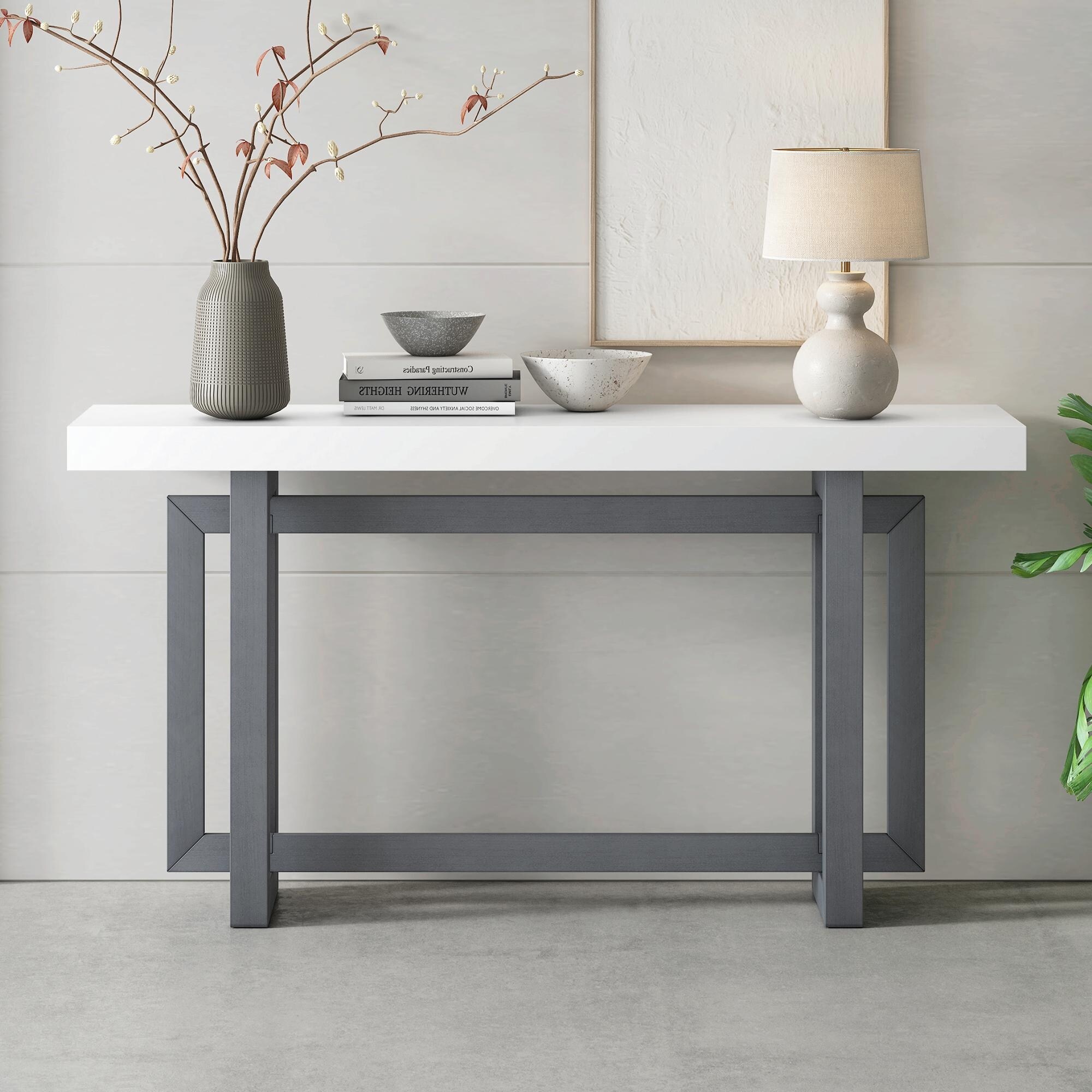59 Console Table with Industrial Inspired Concrete Wood Top