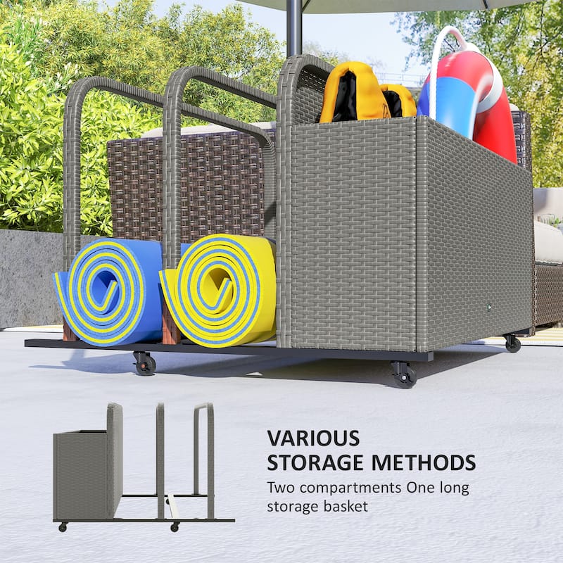 Wicker Pool Float Storage Organizer, PE Rattan Outdoor Pool Float Holder with Rolling Wheels & Storage Rack, Mixed Gray
