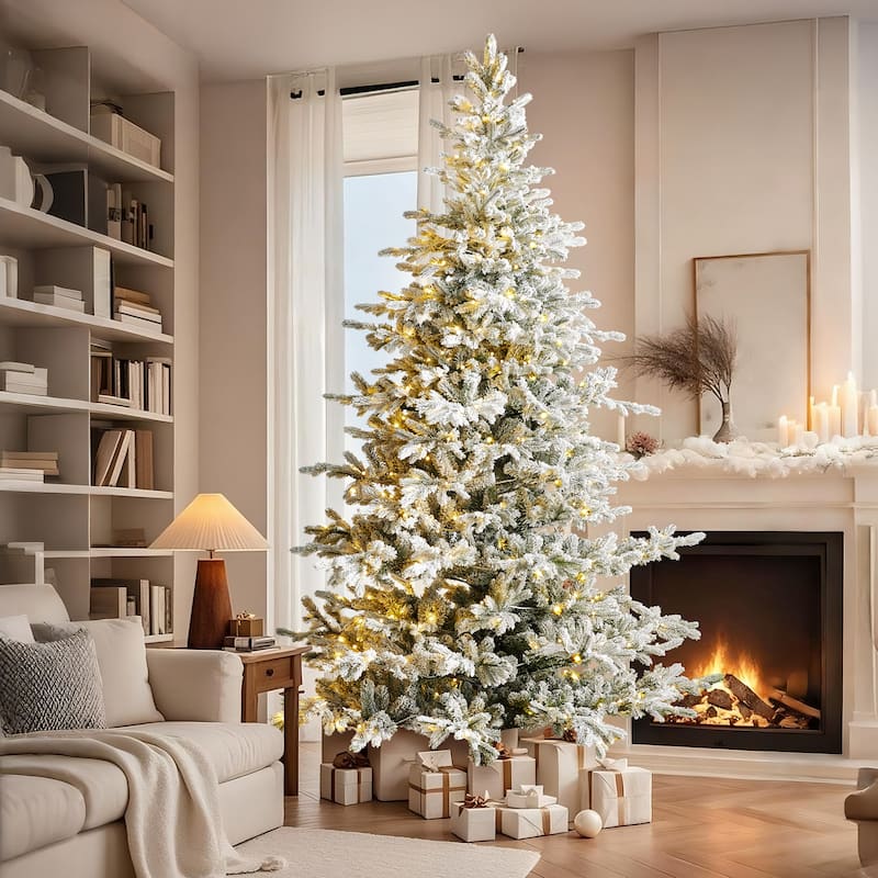 Glitzhome 7.5ft/9ft Pre-Lit Flocked Full Fir Artificial Christmas Trees with Foot Pedal