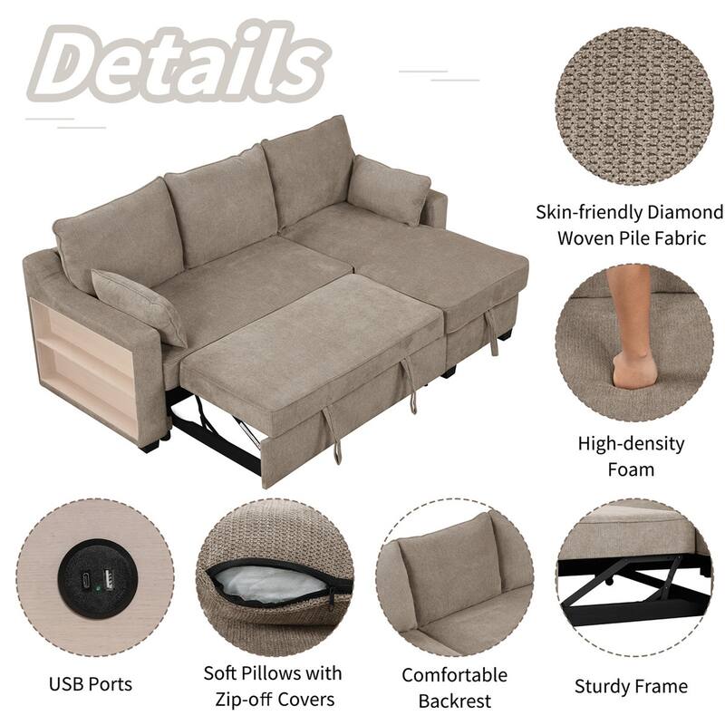 Pull Out Convertible Sleeper Sofa Bed L-Shaped Couch with Storage, USB