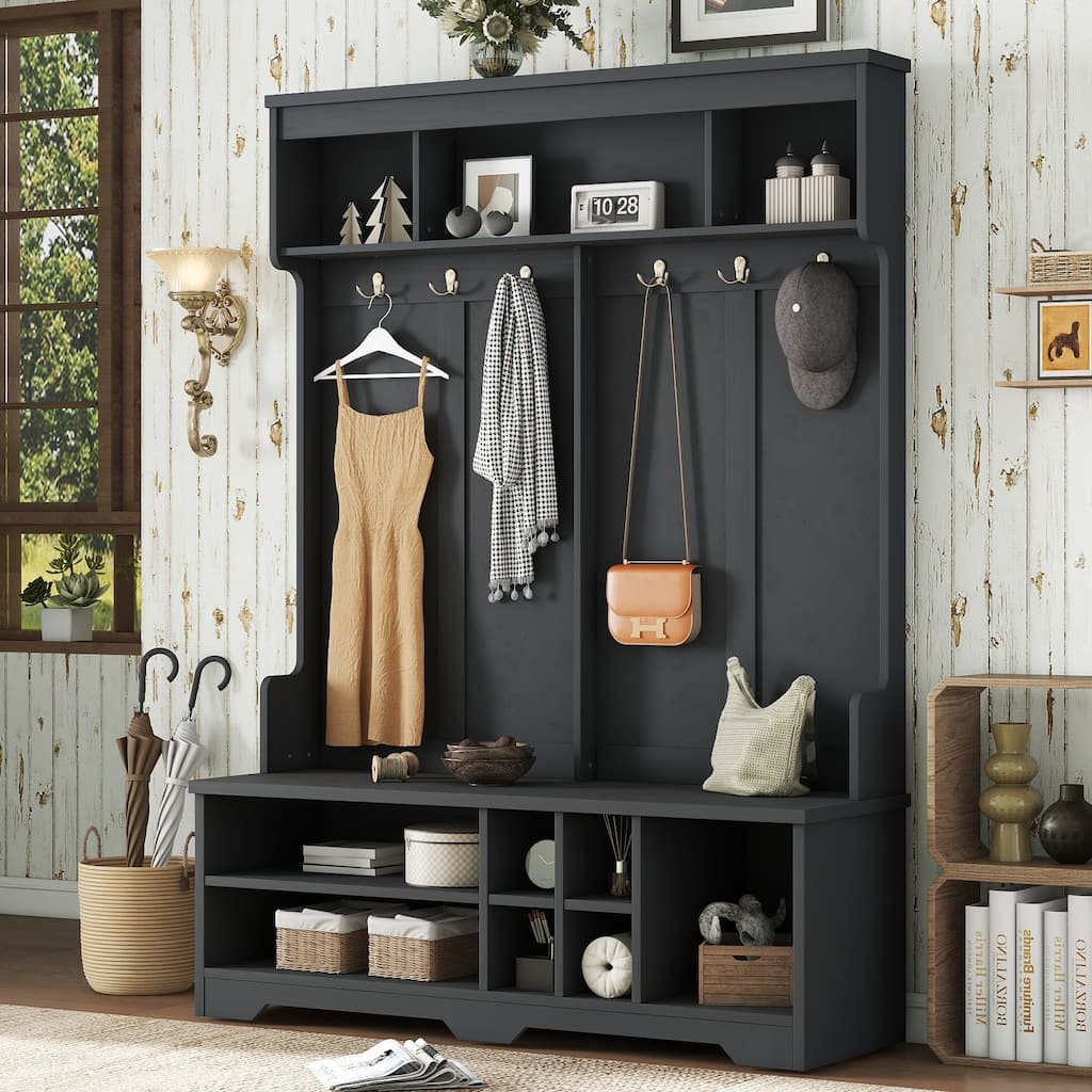 Hallway Hall Tree with Bench & Shoe Storage, Freestanding Entryway Organizer, Coat Rack with 6 Hooks & Compartments
