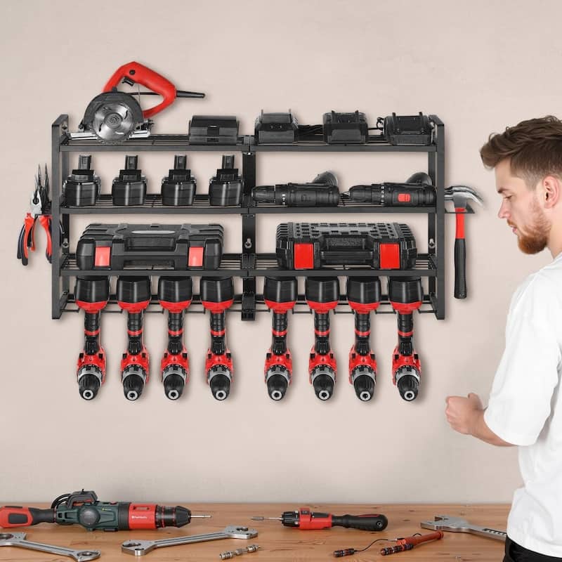 4-Tier Wall-Mounted Tool Organizer Rack with 8 Slots and Hooks for Garage Workshop Storage - 36.56 x 7.87 x 16.54 in