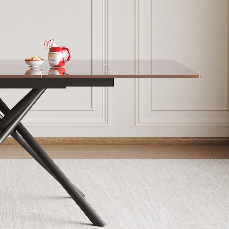 Modern Rectangle Expandable Dining Table with Retractable Leaf, Carbon Steel X-Base