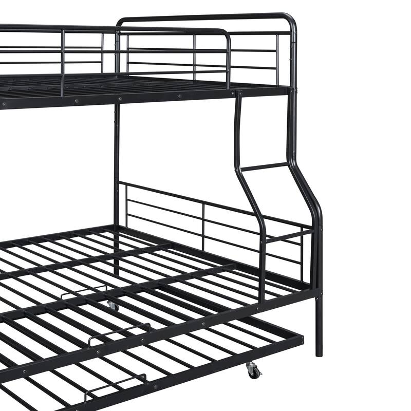 Full XL Over Queen Metal Bunk Bed w/ Twin Size Trundle, Dorm Convertible Heavy-Duty Iron Bed Frame w/ Ladder & Safety Guardrails