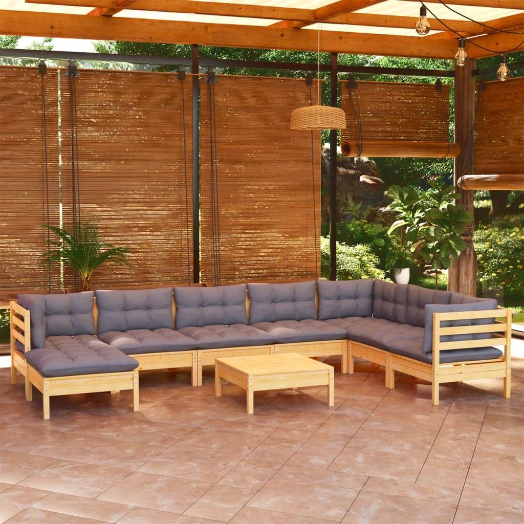 vidaXL Solid Pinewood Patio Lounge Set 9 Piece with Cushions Multi Colors