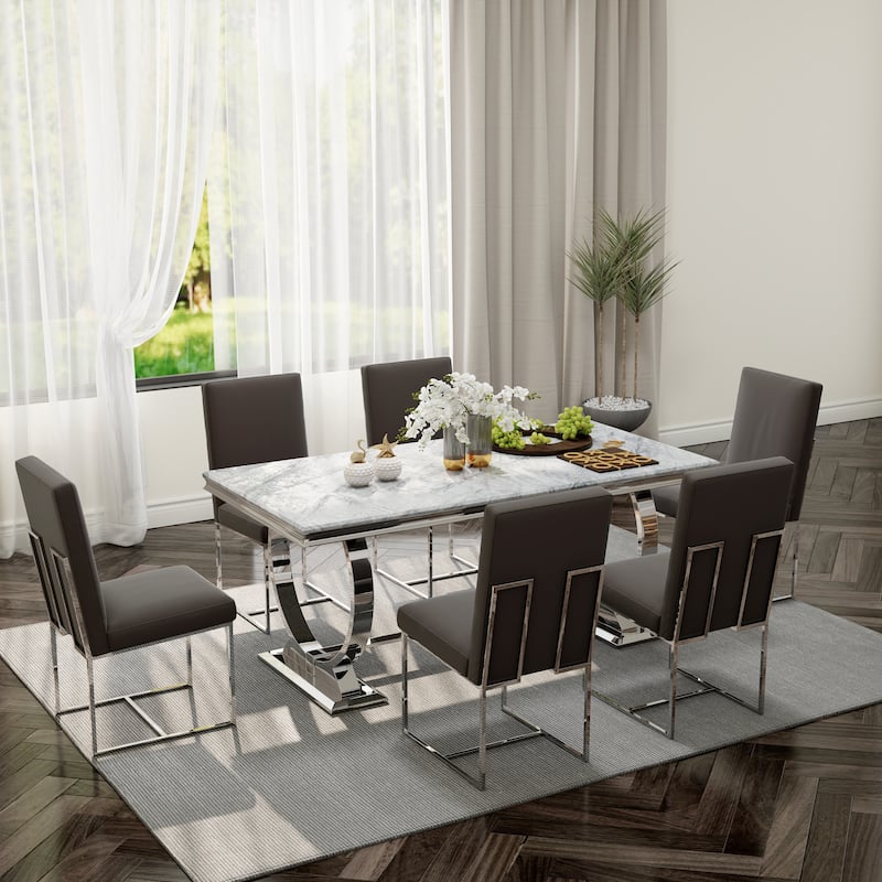 White and Gold Dining Room Table Set with 72 inch Table and White PU Leather Dining Chairs