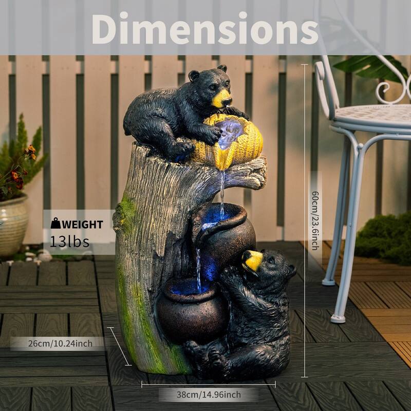 23.62 Inch Bear Outdoor Water Fountain with LED Lights Cascading Resin Garden Water Feature - N/A