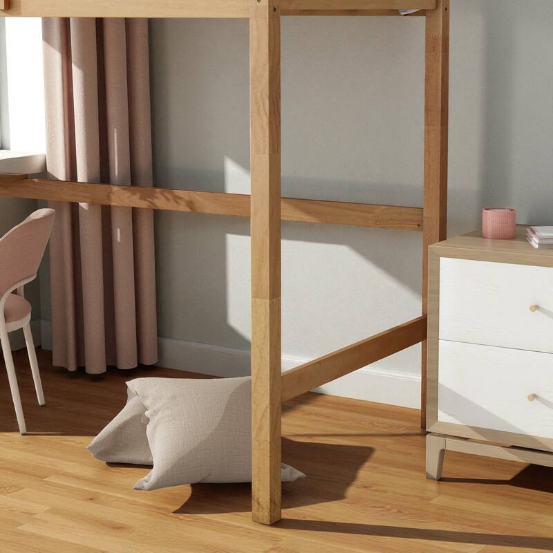 Twin Size Wooden High Loft Bed with Built-in Desk and Ladder, Solid Rubber Wood Loft Bed with Safety Guardrails