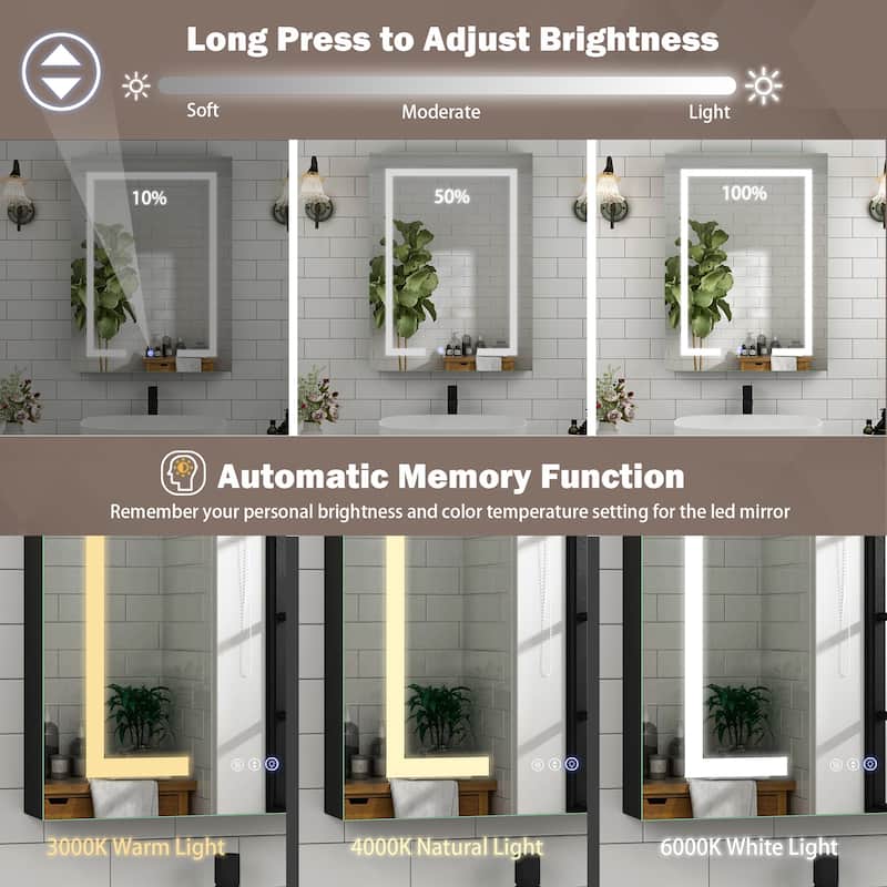 Rectangular Aluminum Recessed/Surface Mount Frameless Anti-Fog Medicine Cabinet with Dimmable LED Lights