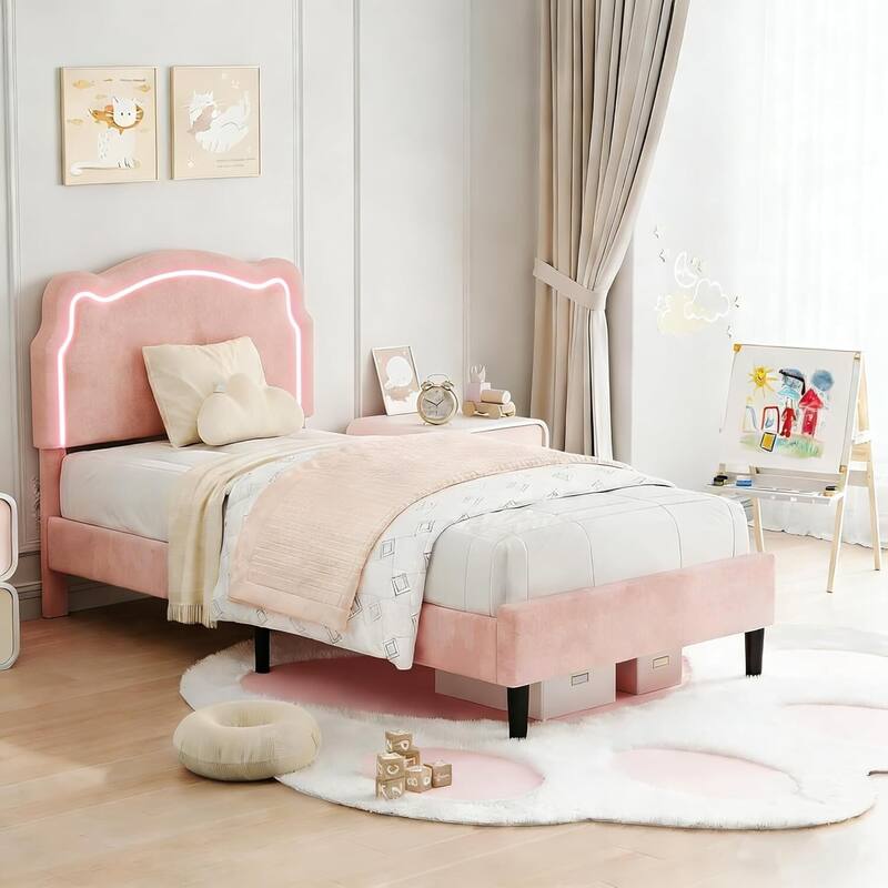 Twin Size Upholstered LED Platform Bed Frame with Bear-Shaped Headboard for Kids