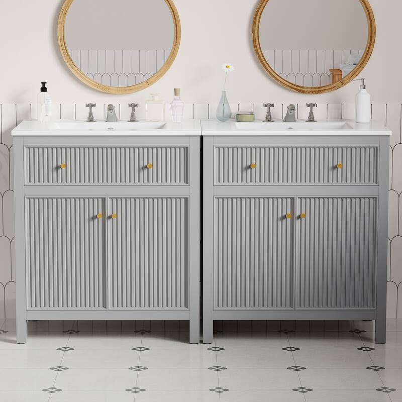 60'' Bathroom Vanity With Ceramic Sink, Free Standing Single Vanity Set With Soft Closing Doors