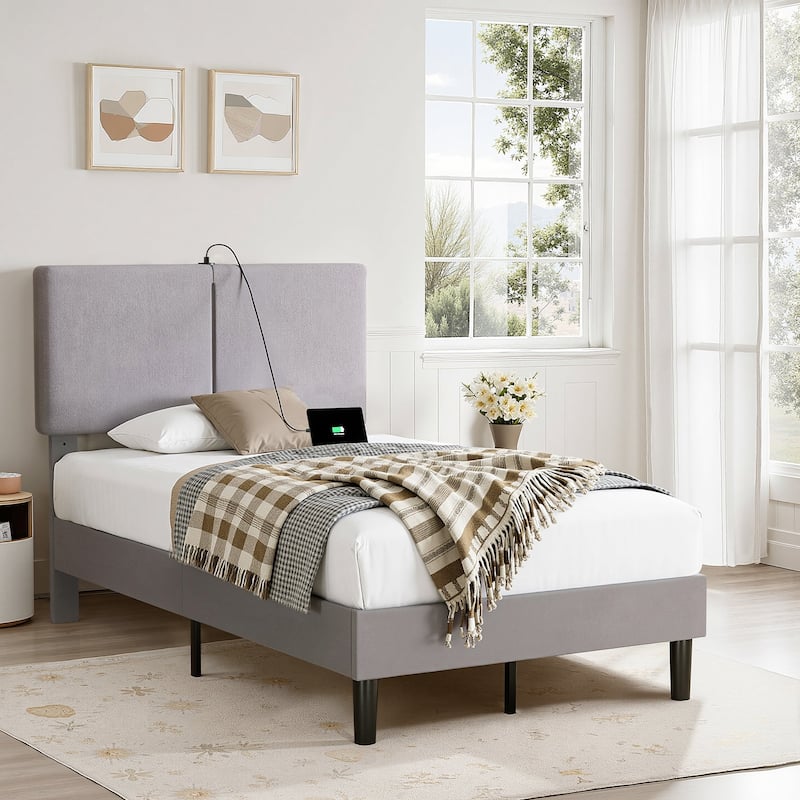 VECELO Adjustable Upholstered Split Headboard Bed Frame with Charging Station USB Port Type C No Box Spring Needed Noiseless Bed - Grey - Twin
