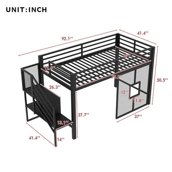 Twin Size Metal Low Loft Bed with Staircase and mesh, Black