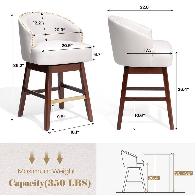 26.4"/31.9"H Height Upholstered Solid Wood Swivel Bar Stools