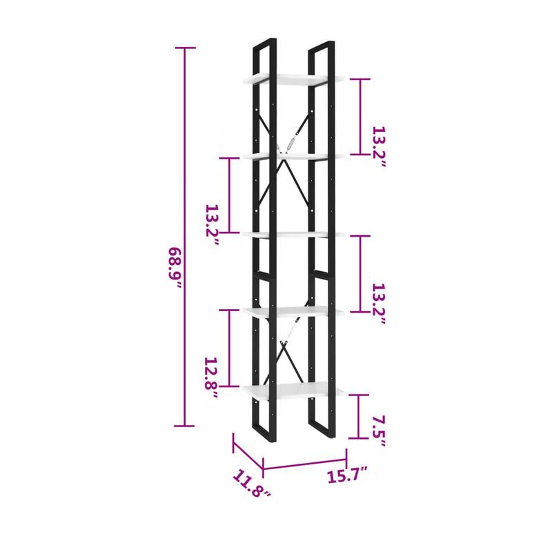 5 Tier Bookshelf Unit, Open White Wood Racks, 41 Inch Black Metal