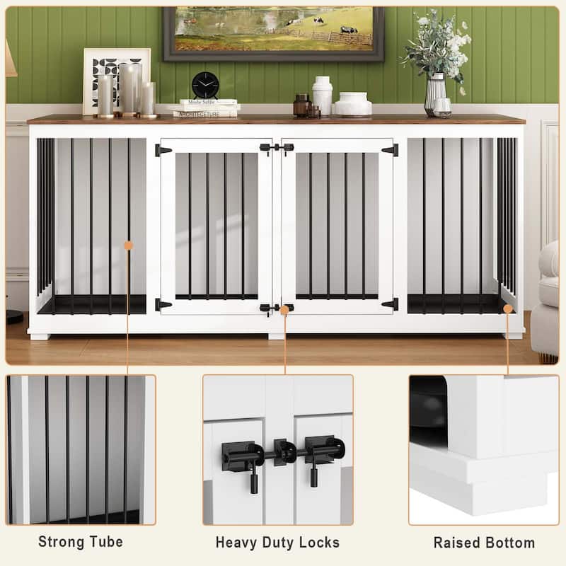 Large Dog Crate Furniture, 70.9"L Wooden Dog Crate Kennel with Divider